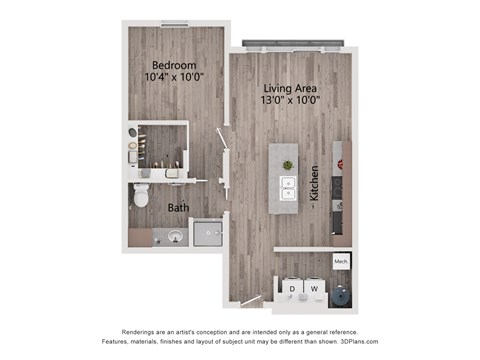 Floor plan for 1 bed, 1 bath, 625 sqft